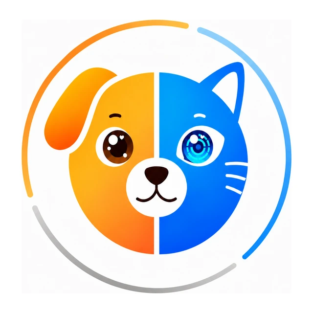 萌宠芯图形标识：橙蓝双色断环内，由狗与猫的形象左右合成的一只宠物面孔