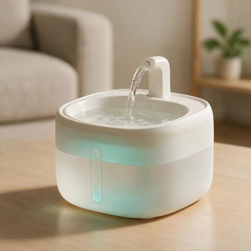 智能喂水器产品概念设计图：白色循环活水饮水机，出水口正在涌出水流